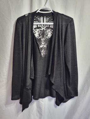 Kismet Black Open-Front Cardigan with Lace Back, Size Large